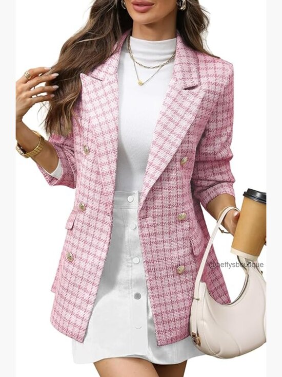 Jackets & Blazers - Oversized Plaid Tweed Blazer Double Breasted Boyfriend Style Jacket